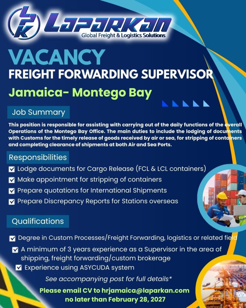 FREIGHT FORWARDING SUPERVISOR – Jamaica – Montego Bay Office